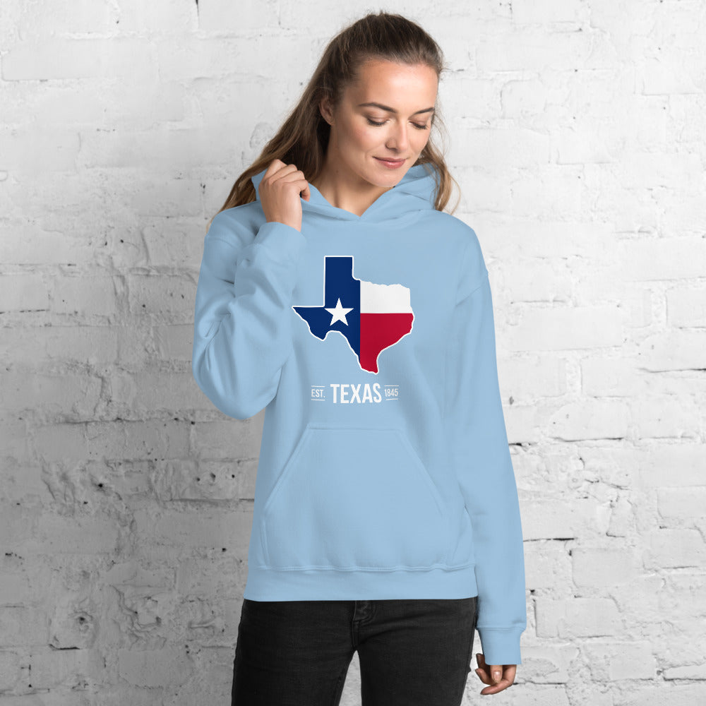 Texas Gal Hoodie, Drawstring Hoodie for Women With Texas Flag Colored Text,  Gildan Printed Unisex Hoodie 